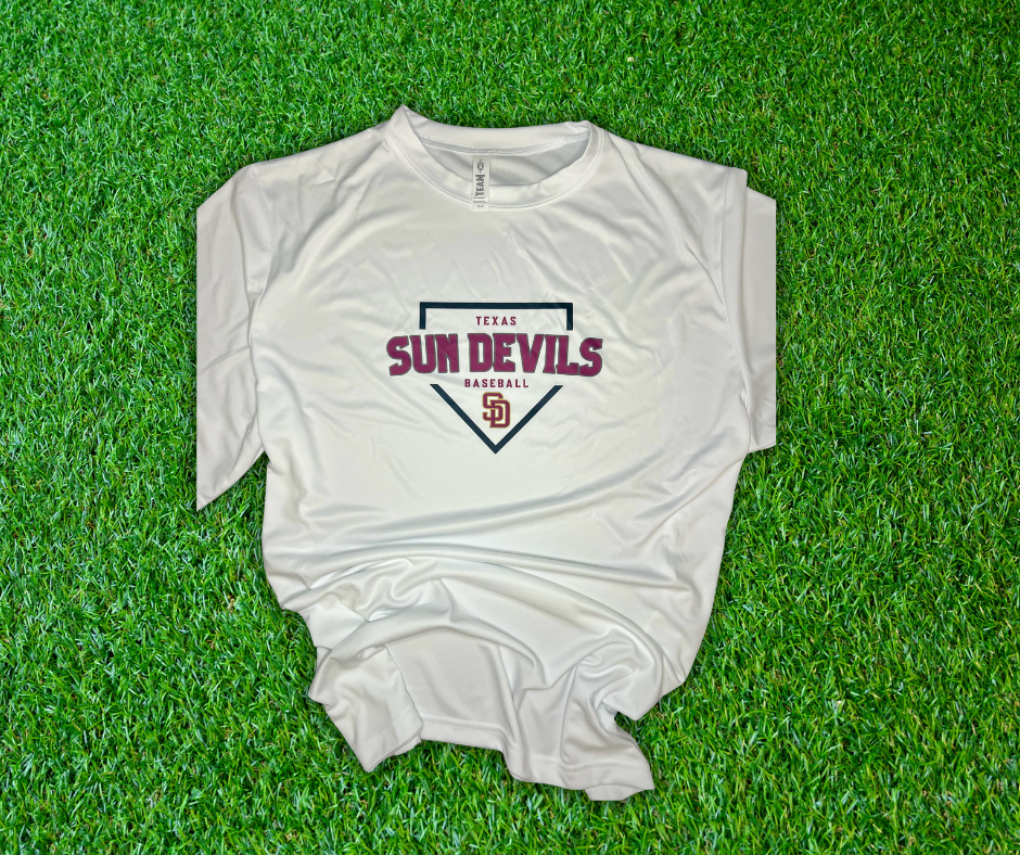 Texas Sun Devils "Home Plate Baseball" Unisex Performance Tee - White or Grey