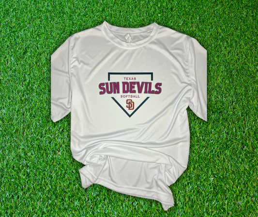 Texas Sun Devils "Home Plate Softball" Unisex Performance Tee - White or Gray